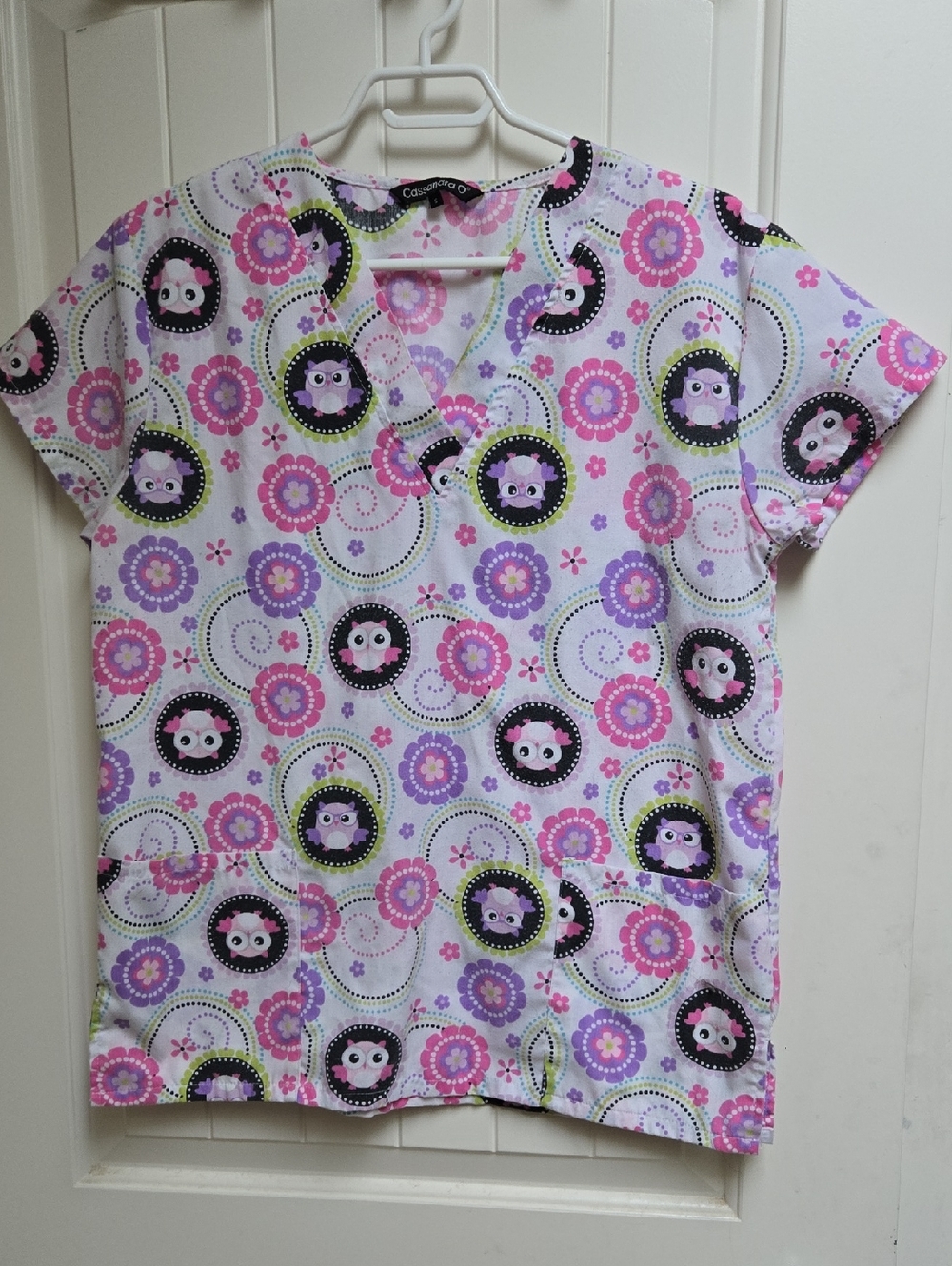 Cassandra O Cute Owl & Floral Print Scrub Nurse Top - Pink Purple Women Small